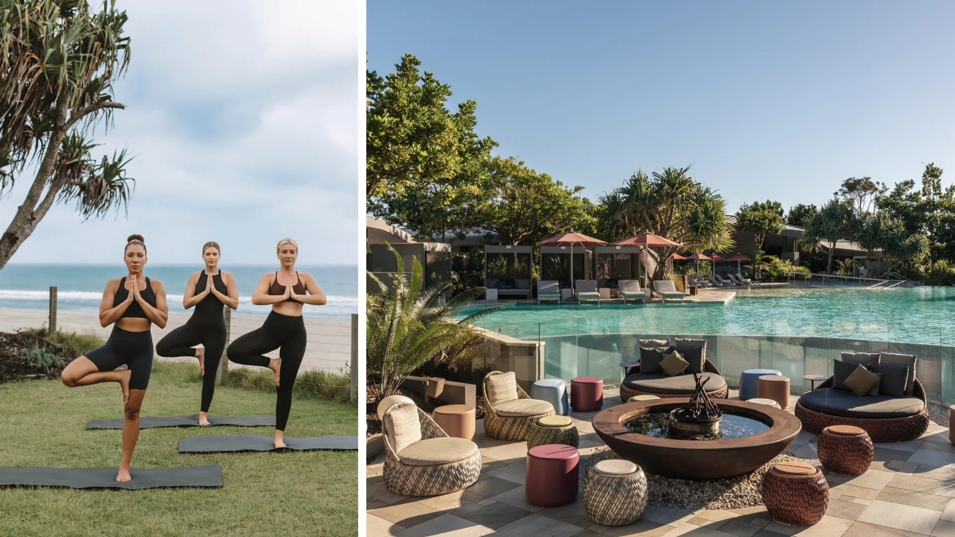 Elements hotel. 3 women doing yoga beachside. tropical hotel pool.