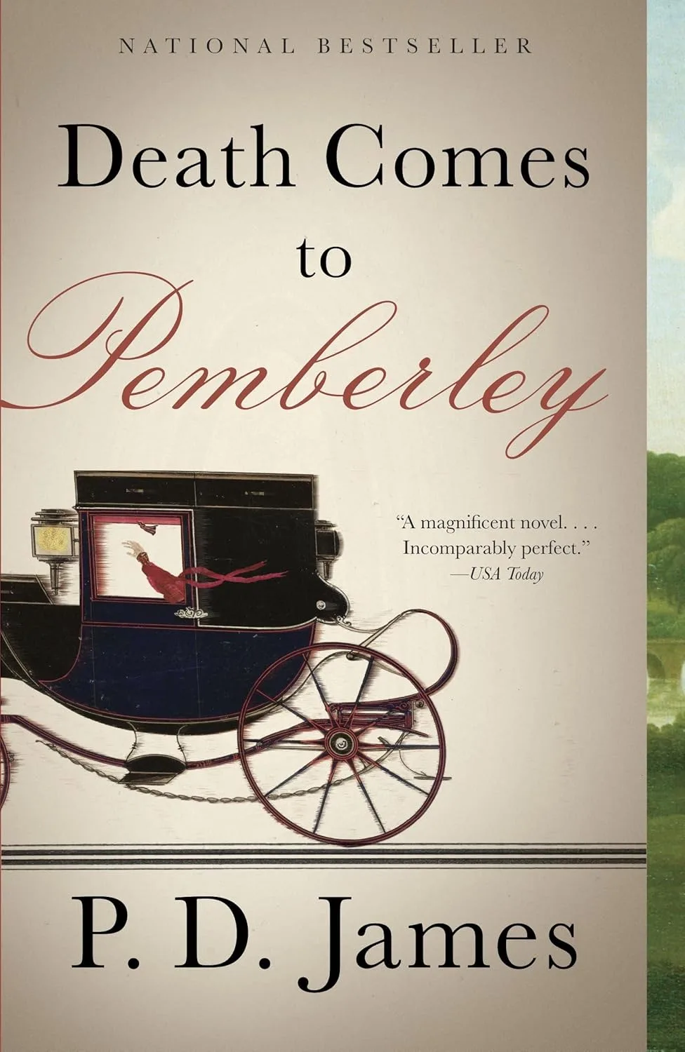 Book cover of Death Comes to Pemberley by P D James, a Jane Austen retelling. Am illustrated carriage with an arm in the window.
