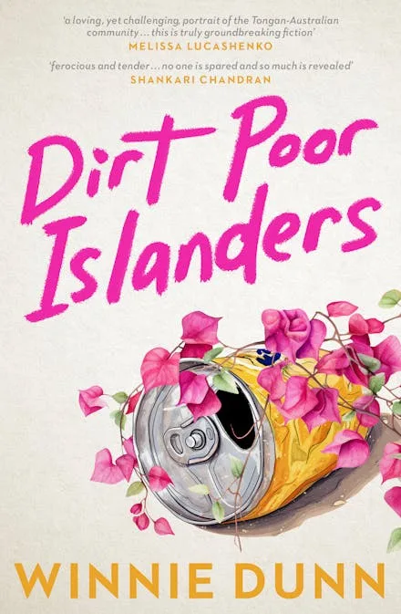 Book cover of Dirt Poor Islanders. A crushed drink can with pink leaves surrounding it.