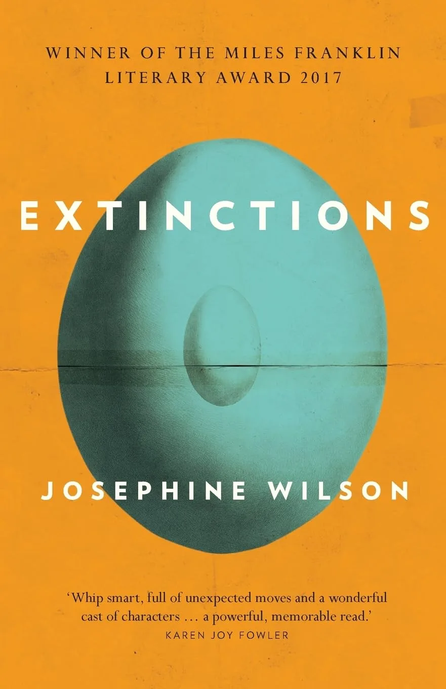 Book cover of Extinctions. An aqua oval on an orange background.