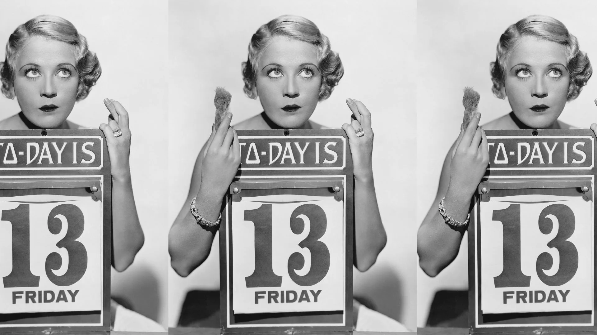 black and white photo of a blonde woman with a calendar showing the date friday 13th