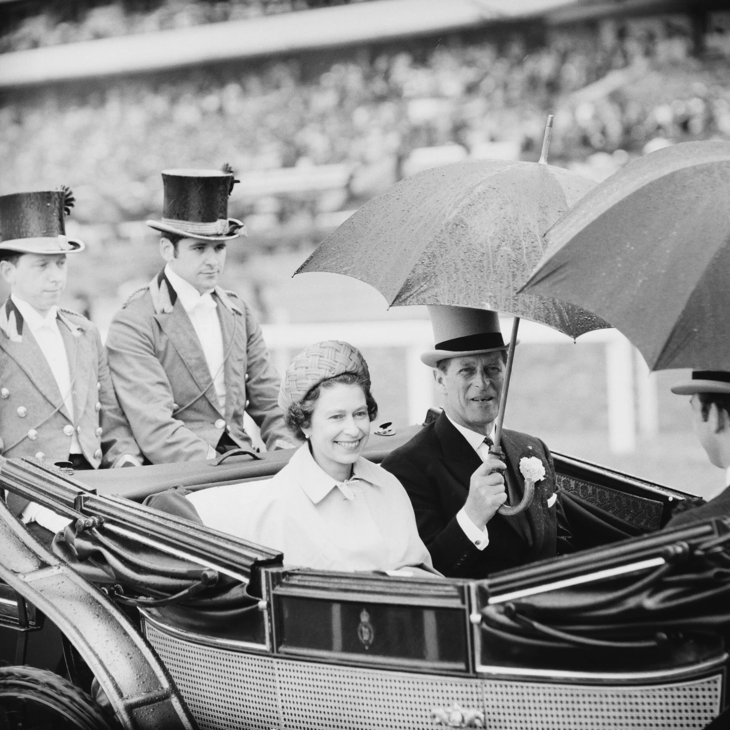 Queen Elizabeth II and Prince Philip arrive on a carriage at Royal Ascot, Ascot Racecourse, UK, 18th June 1969. (Photo by Evening Standard/Hulton Archive/Getty Images)