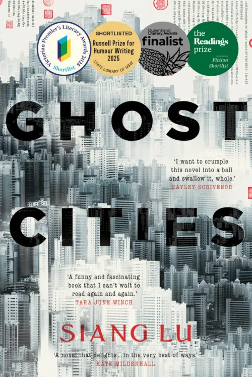 Book cover of Ghost Cities by Siang Lu - a Miles Franklin Award shortlisted novel. A grey cityscape.