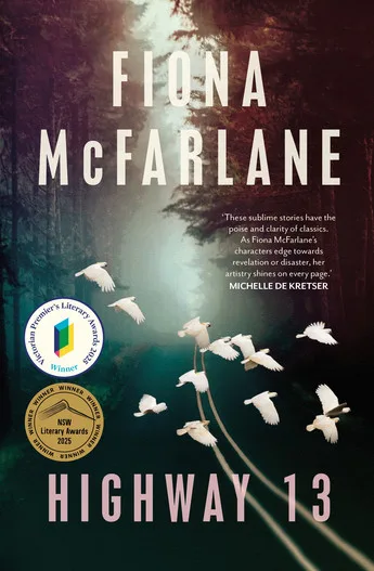 Book cover of Miles Franklin Award shortlisted novel Highway 13. A highway at night with a flock of white birds.