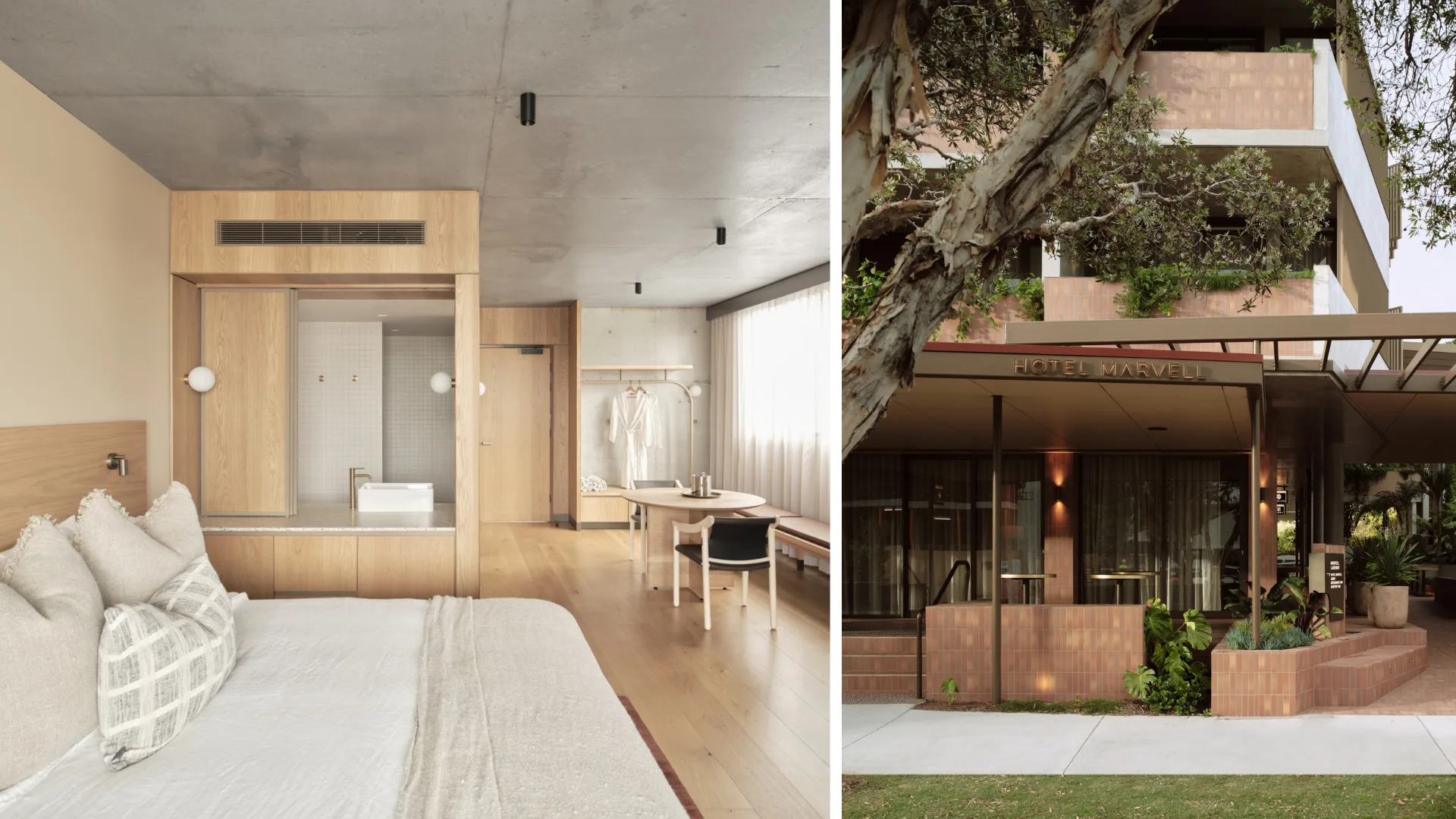 Hotel Marvell. Clean modern hotel room and hotel exterior