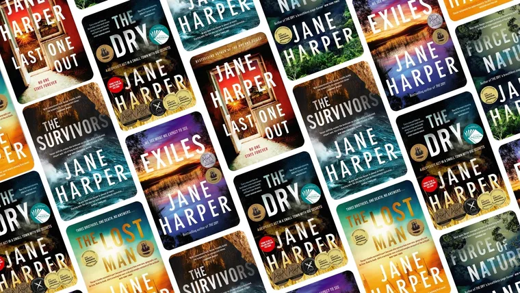 Graphic of tessellated Jane Harper book covers.