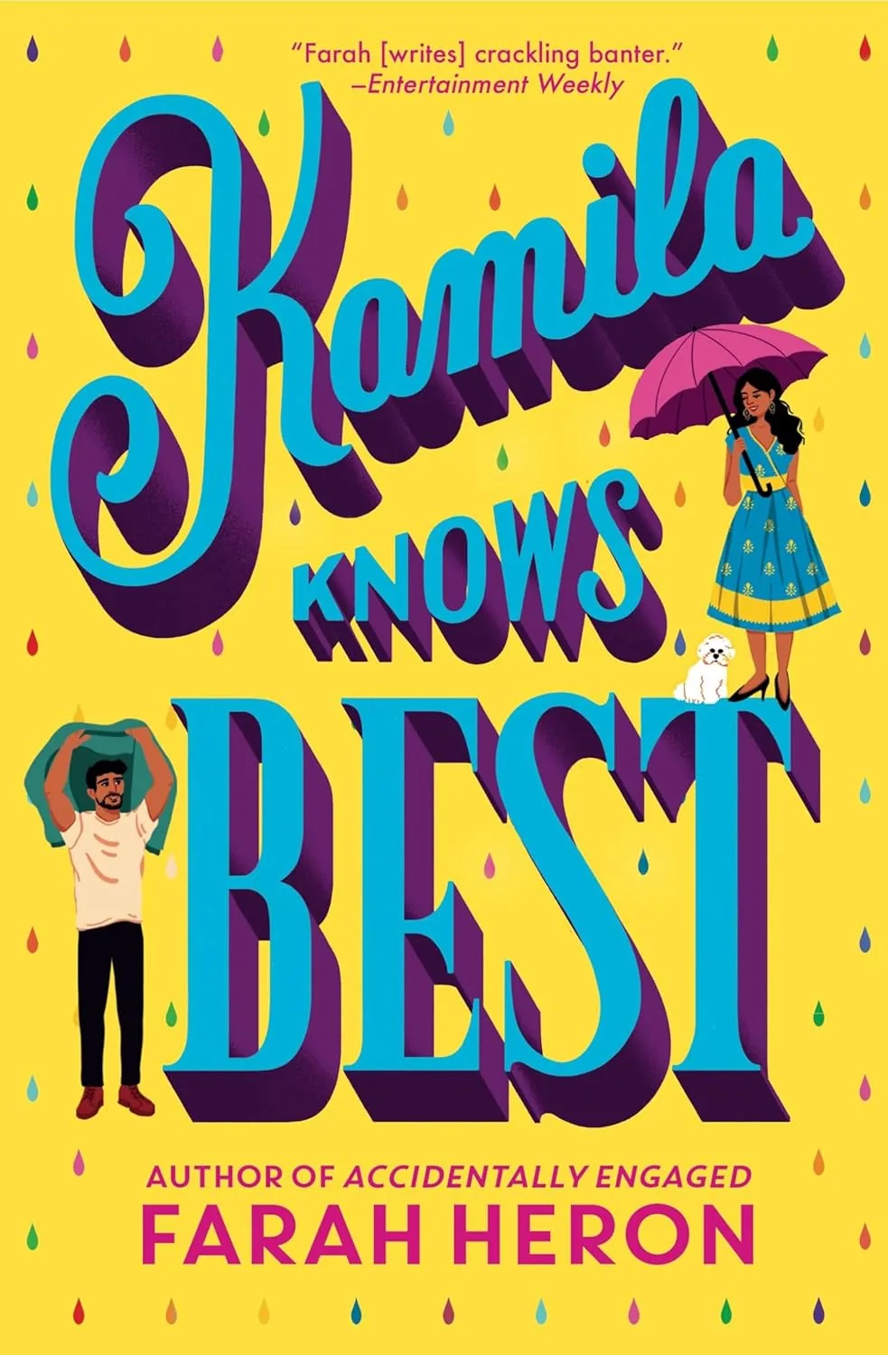 Illustrated book cover of Kamila Knows Best by Farah Heron. Yellow background and blue text with a drawing of a man and a woman with a small dog.
