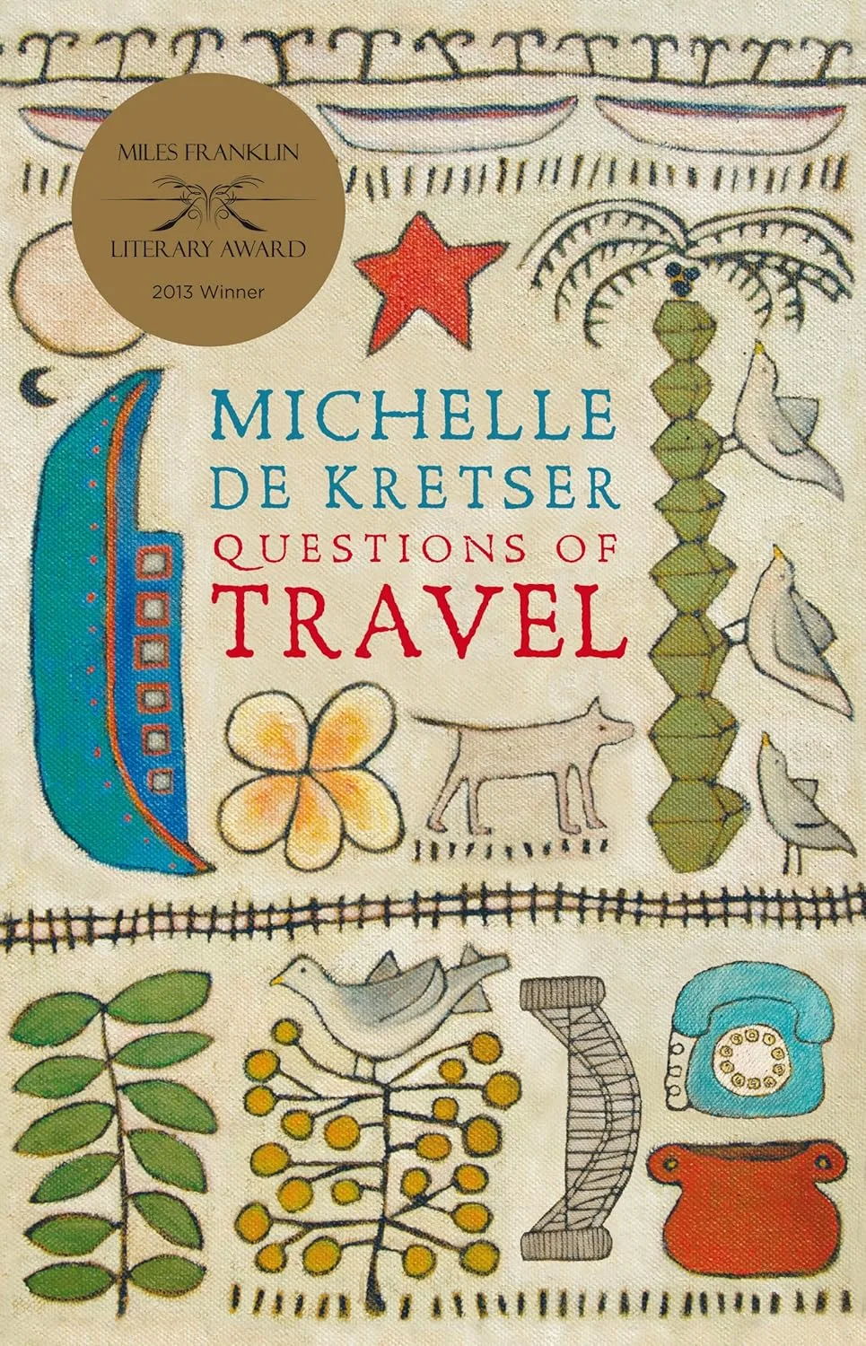 Book cover of Questions of Travel by Michelle de Kretser. Embordered images of animals, boats, a railway track, plants.
