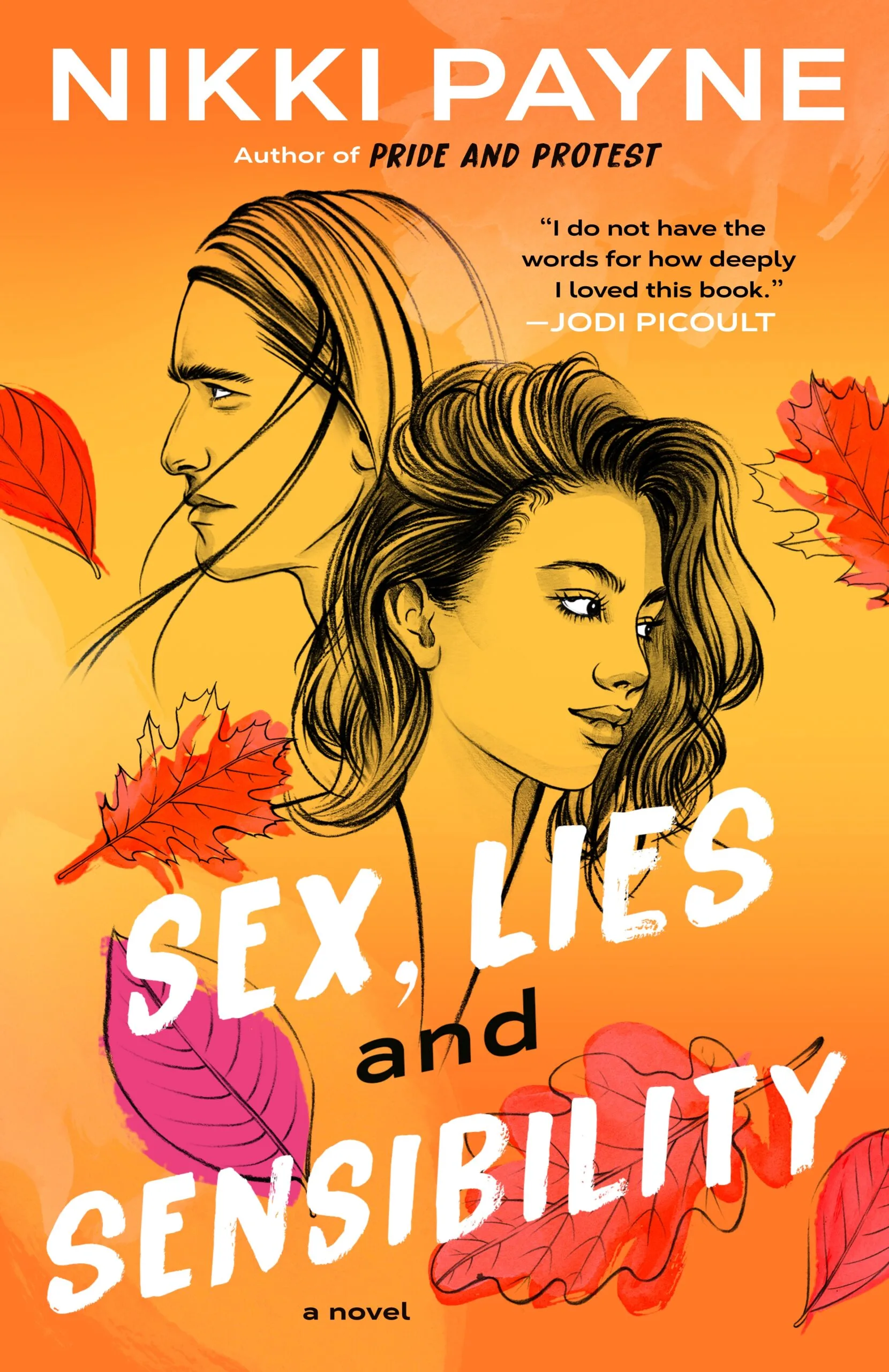 Illustrated book cover of Sex, Lies and Sensibility by Nikki Payne, a Jane Austen Retelling. A drawing of a man and a woman's head, with autumn leaves around them.