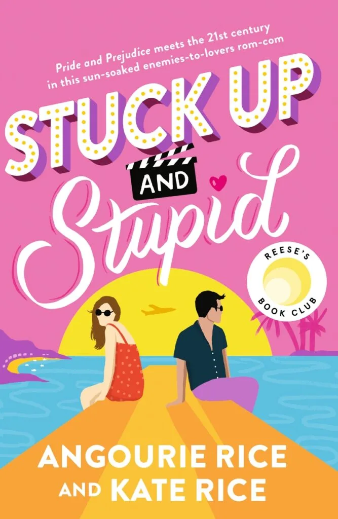 Illustrated book cover of Stuck Up and Stupid by Angourie Rice and Kate Rice - a modern YA Jane Austen retelling. A girl and boy sit back to back on a pier over the water.