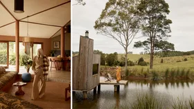 fashion Model in 70s style ranch. Model on a jetty.