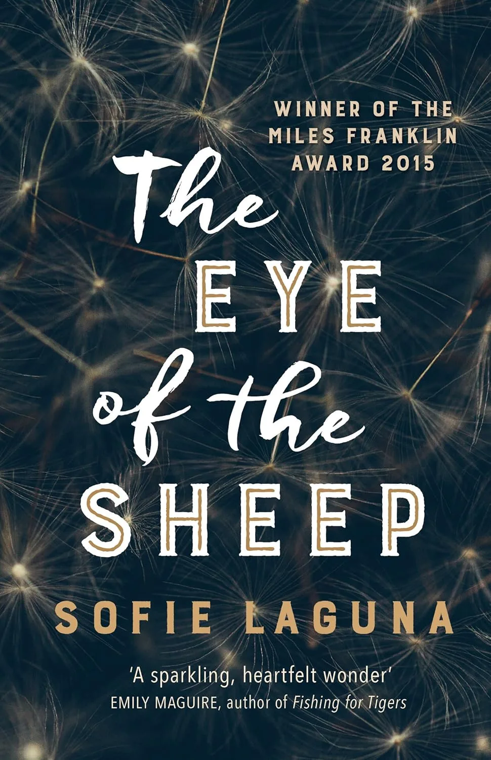 Book cover of The Eye of the Sheep. Black background with dandelions floating.