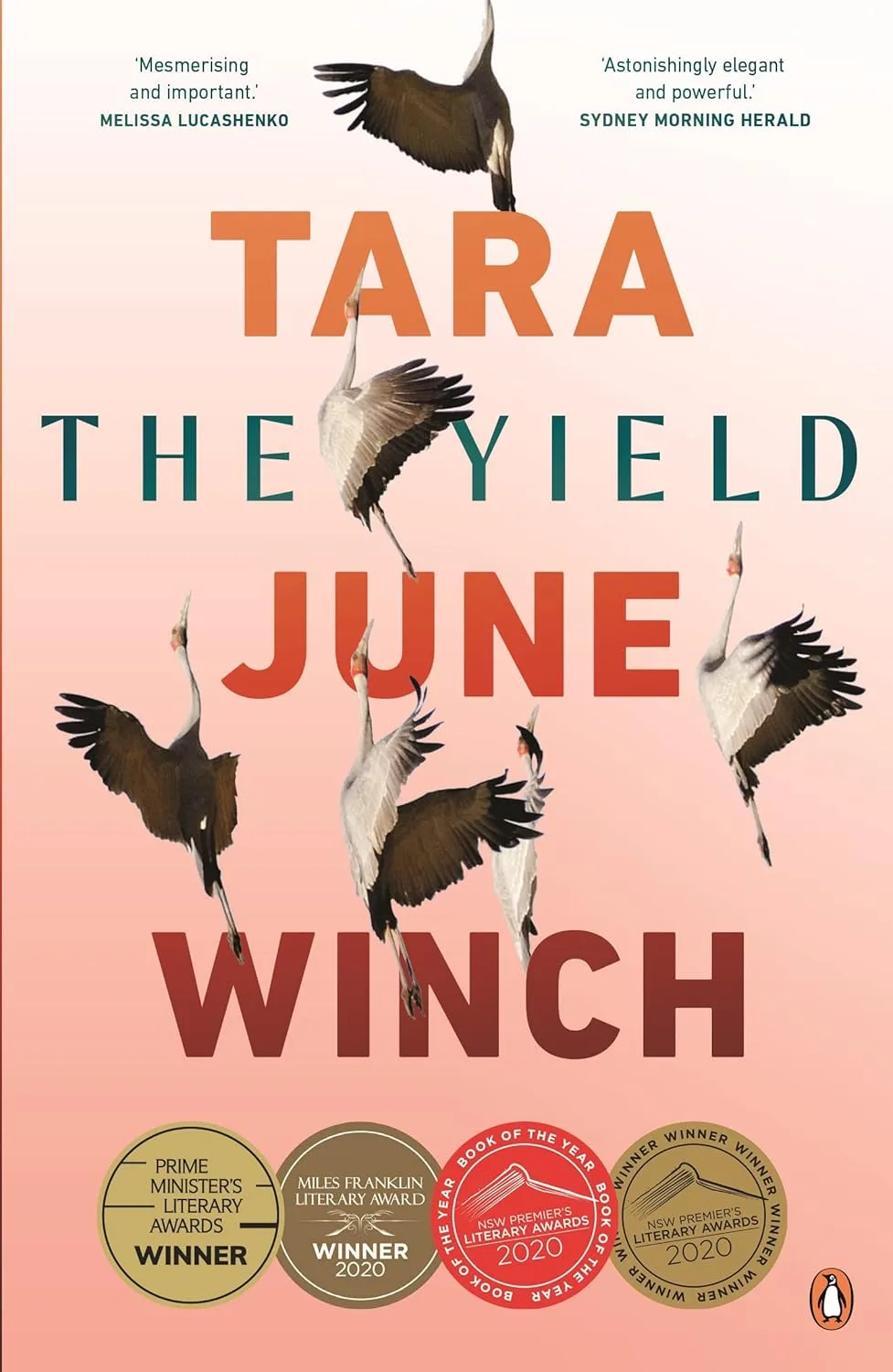 Book cover of The Yield by Tara June Winch. A flock of birds on a pink background.