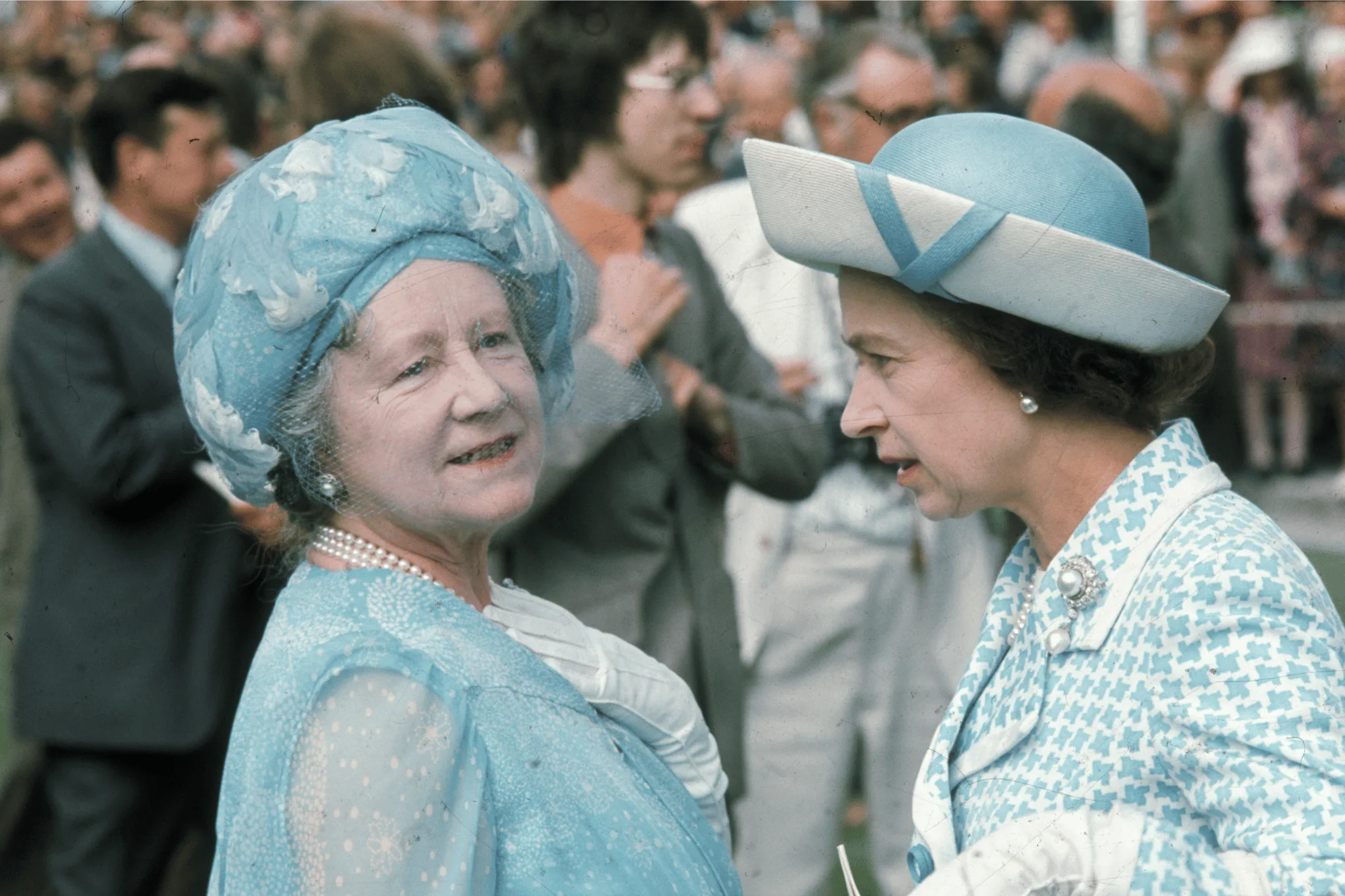 1975: Queen Elizabeth, The Queen Mother (1900 - 2002) at Royal Ascot with her daughter Queen Elizabeth II. (Photo by Central Press/Getty Images)