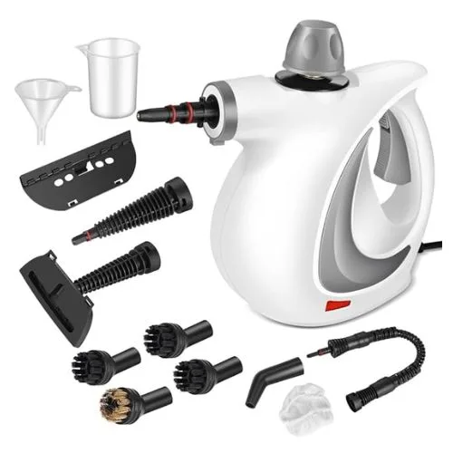 Homiest Handheld Pressurised Steam Cleaner has 12 accessories so you can clean your car, furniture, floor, upholstery, grout and more