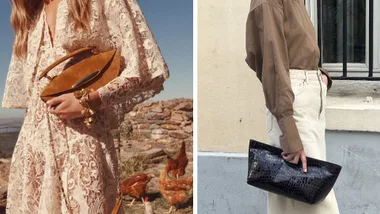 A person in a cream lace Zimmermann dress holds a brown clutch, with chickens in the background. Right: A person in a brown shirt and cream pants holds a black Camilla and Marc embossed clutch.