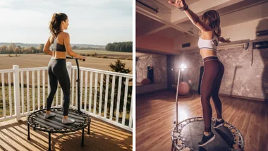 A split image showing two women on rebounder trampolines, one on a balcony overlooking scenery and another jumping in a studio.