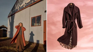A split screen image featuring a woman wearing a long rust-orange wool trench coat outside a rustic building on the left, and a long dark plum belted trench coat styled over a plaid skirt on a pink background on the right.