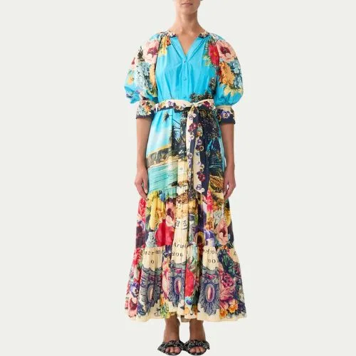 Camilla Tiered Shirt Dress With Short Sleeves in Bathing Bombshell colour