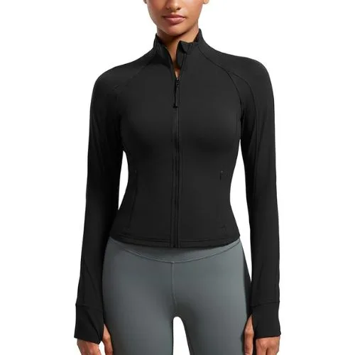 CRZ YOGA Butterluxe Womens Cropped Slim Fit Workout Jacket Weightless Track Athletic Full Zip Up Tops with Thumb Holes