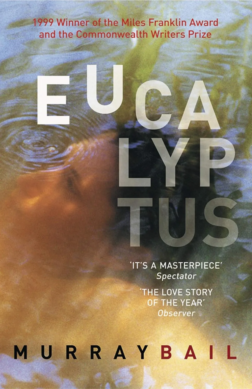 Book cover of eucalyptusby murray bail. A woman's face obscured beneath the surface of a lake.