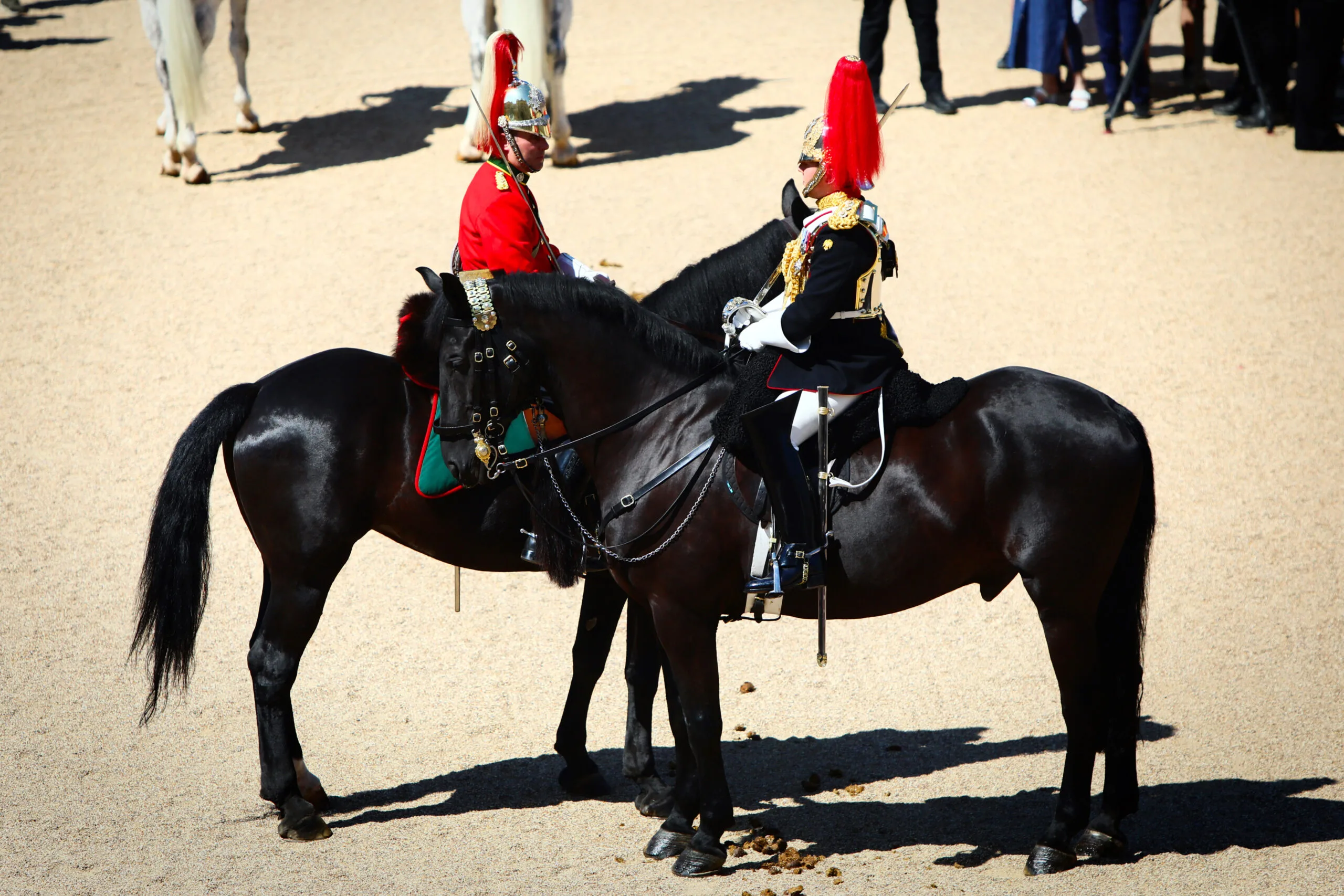 LONDON, ENGLAND - JULY 11: Members of the UK's Household Cavalry Mounted Regiment and the Canadian Regiment perform ceremonial transition of duties for the King's Life Guard at Horse Guards Parade on July 11, 2025 in London, England. A Canadian regiment, Lord Strathcona's Horse, which is celebrating its 125th anniversary, will be performing the King's Life Guard duties from 11-21 July. It's only the third time that a non-UK unit has performed this role. (Photo by Alishia Abodunde/Getty Images)