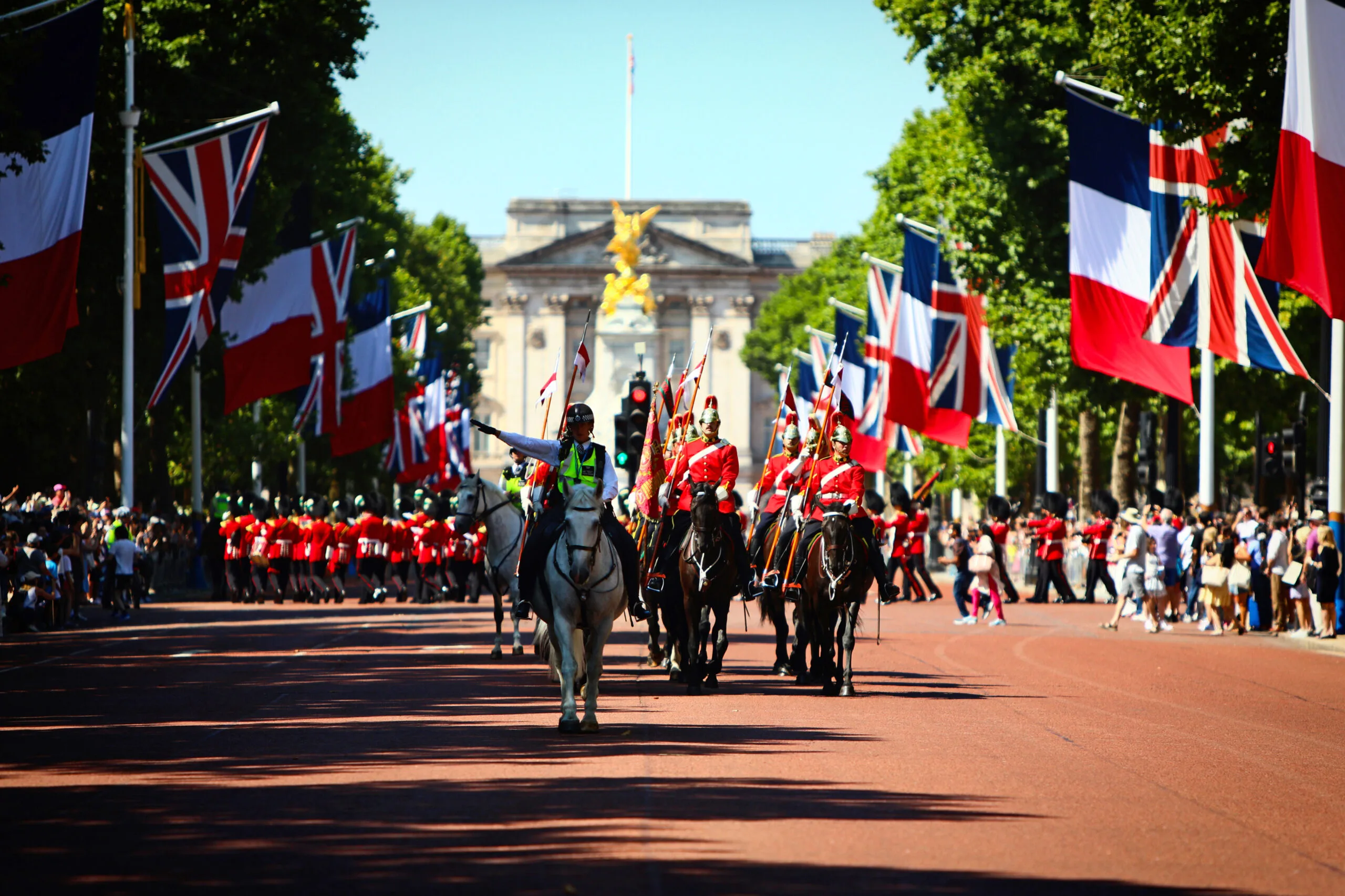 LONDON, ENGLAND - JULY 11: Members of the Canadian Regiment make their way down The Mall as they perform ceremonial transition of duties for the King's Life Guard at Horse Guards Parade on July 11, 2025 in London, England. A Canadian regiment, Lord Strathcona's Horse, which is celebrating its 125th anniversary, will be performing the King's Life Guard duties from 11-21 July. It's only the third time that a non-UK unit has performed this role. (Photo by Alishia Abodunde/Getty Images)