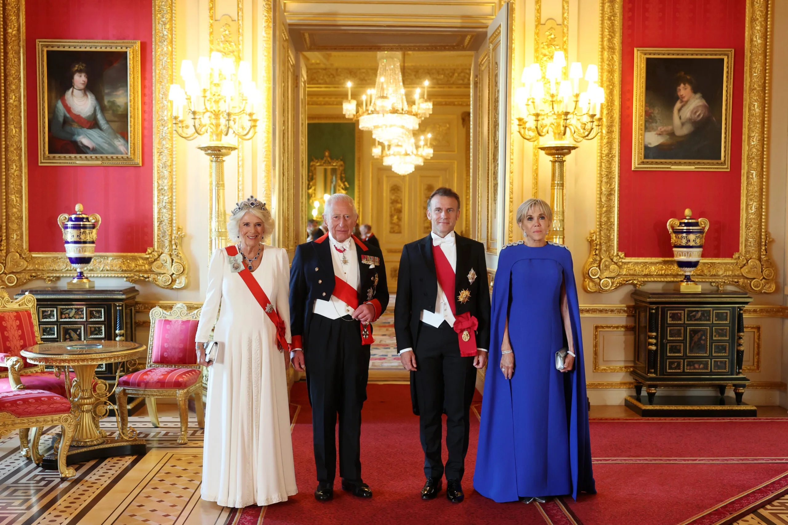 WINDSOR, ENGLAND - JULY 08: Queen Camilla, King Charles III, President of France, Emmanuel Macron and Brigitte Macron attend the State Banquet at Windsor Castle on July 08, 2025 in Windsor, England. President Emmanuel Macron and Mrs Brigitte Macron visit the UK in the first visit State Visit made by France in 17 years. They are staying at Windsor Castle, hosted by King Charles III and Queen Camilla, and a banquet will be held there in their honour. The Macrons will visit Imperial College, and the President will address Parliament during his stay. (Photo by Chris Jackson/Getty Images)