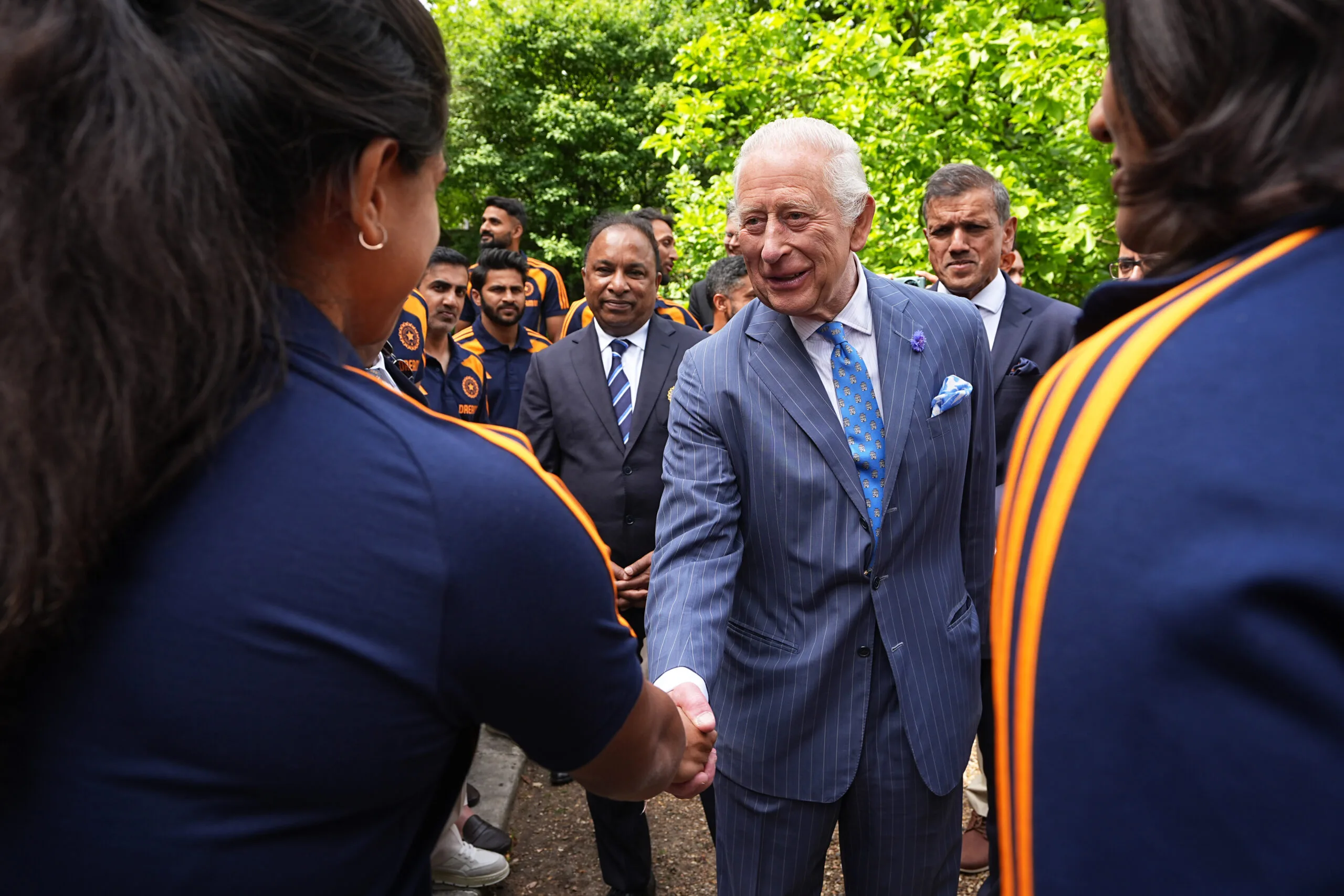 LONDON, ENGLAND - JULY 15: King Charles III meets members of the India men's and women's Test cricket teams during an audience in the gardens of Clarence House on July 15, 2025 in London, England. (Photo by Aaron Chown -  WPA Pool/Getty Images)