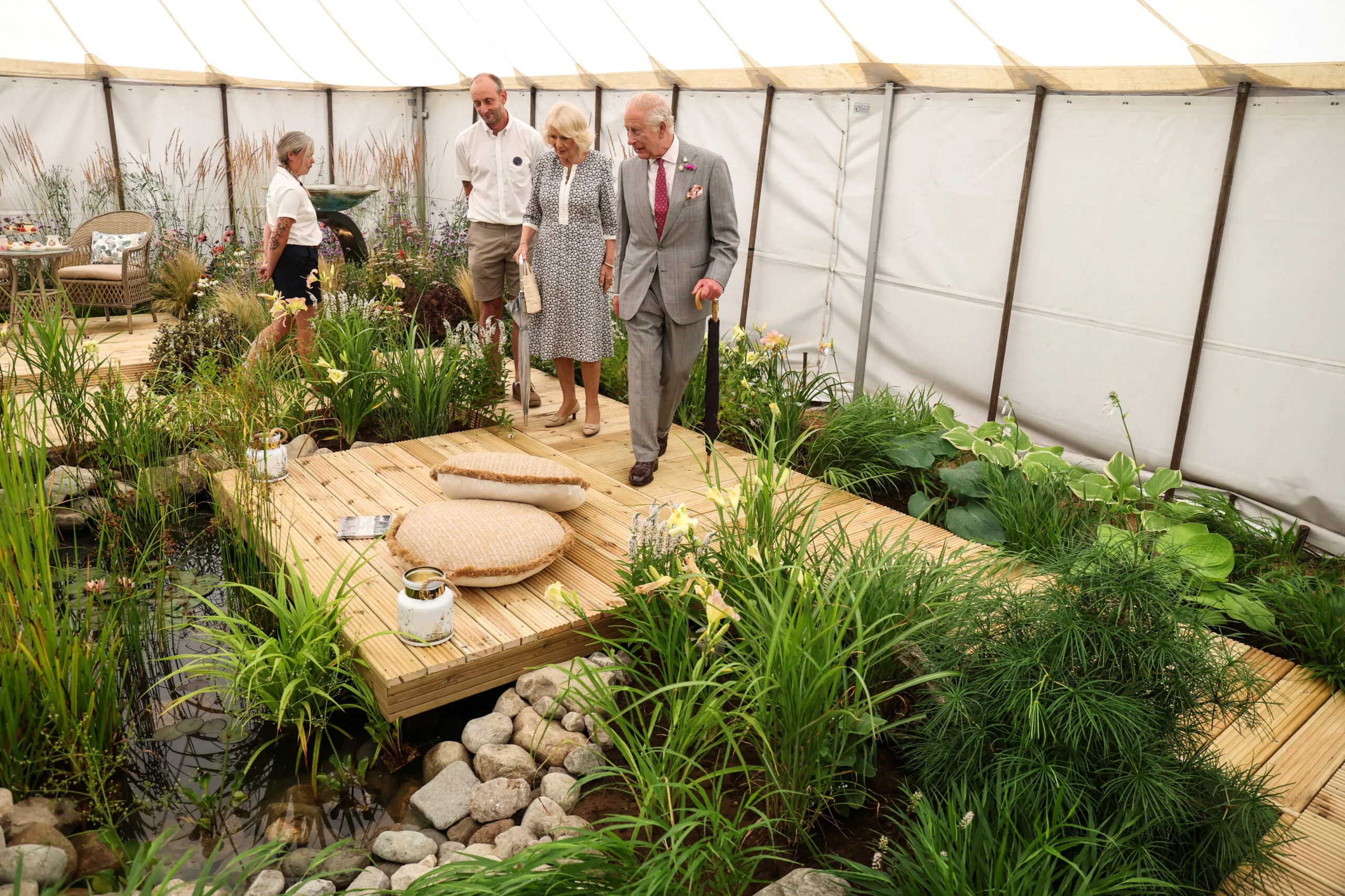 KING'S LYNN, ENGLAND - JULY 23: Queen Camilla and King Charles III visit the Sandringham Flower Show 2025 at Sandringham House on July 23, 2025 in King's Lynn, England. (Photo by Chris Radburn - WPA Pool/Getty Images)
