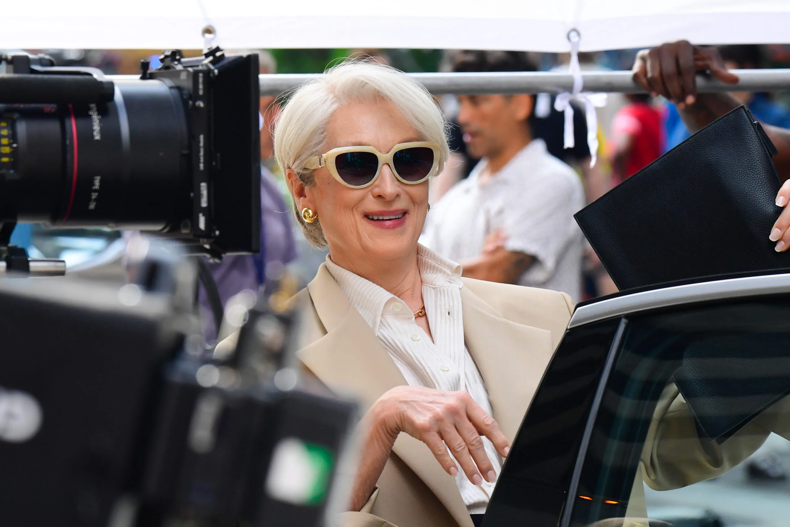 NEW YORK, NEW YORK - JULY 25: Meryl Streep is seen filming scenes for "The Devil Wears Prada 2" on July 25, 2025 in New York City. (Photo by Raymond Hall/GC Images)