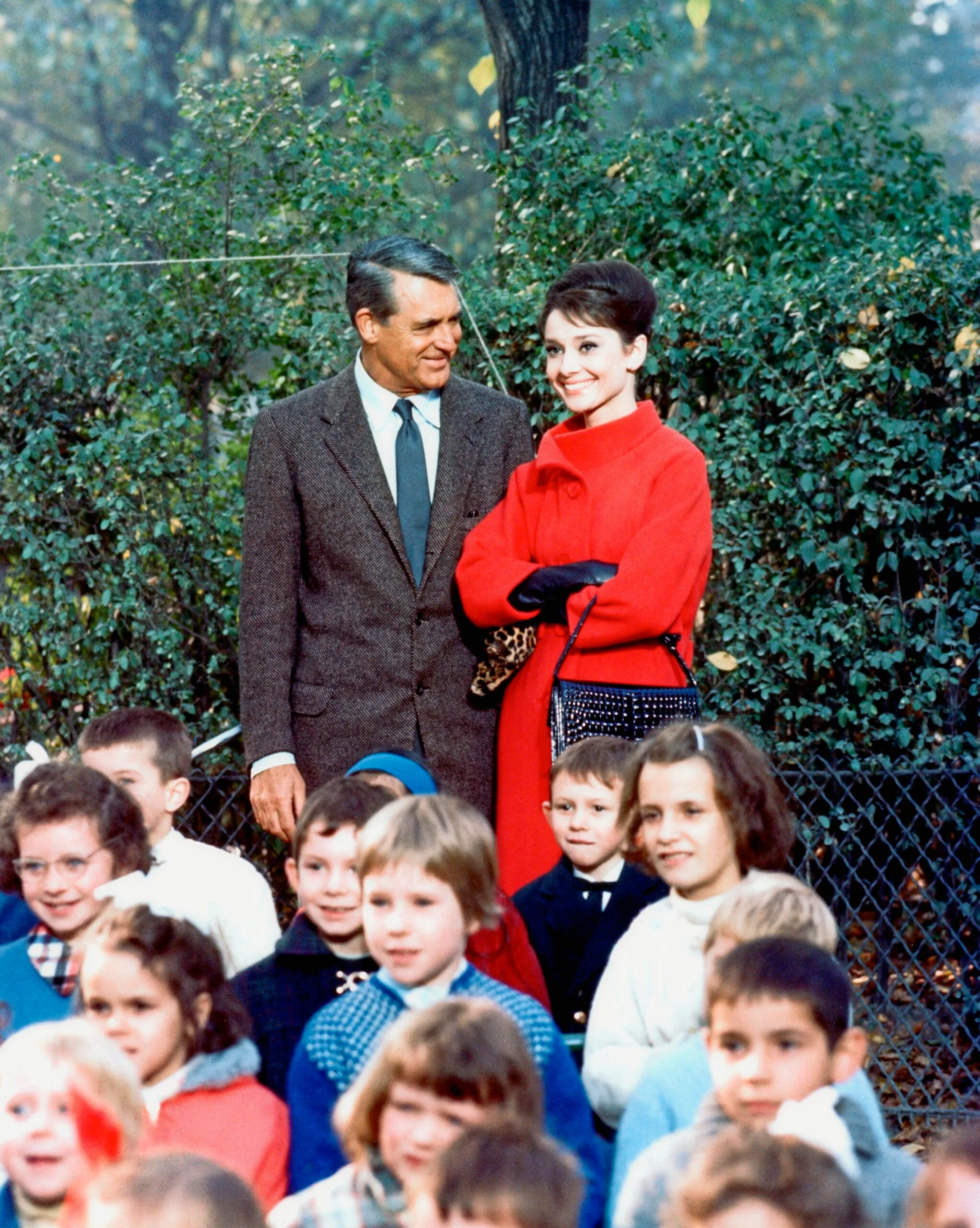 British actors Cary Grant and Audrey Hepburn on the set of Charade, directed and produced by American Stanley Donen. (Photo by Sunset Boulevard/Corbis via Getty Images)