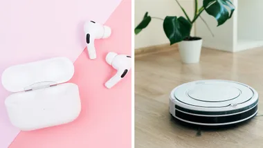 A split image shows white Apple AirPods Pro with their charging case on a pink and white background on the left, and a white robotic vacuum cleaner on a wooden floor next to a potted plant on the right.