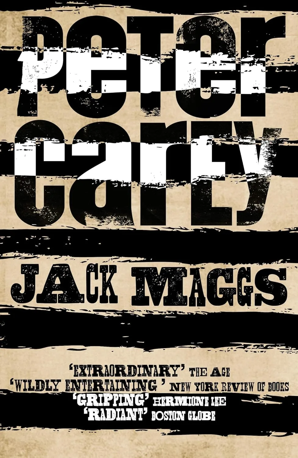 Book cover of Jack Maggs. Brown, white and black stripes with bold font.