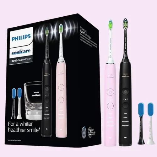 Philips Sonicare DiamondClean 9000 Black + Pink Rechargeable Electric Toothbrush Bundle Pack, 4 Modes and 3 Intensities, Built-in Pressure Sensor, 1x Glass Charger HX9914/59