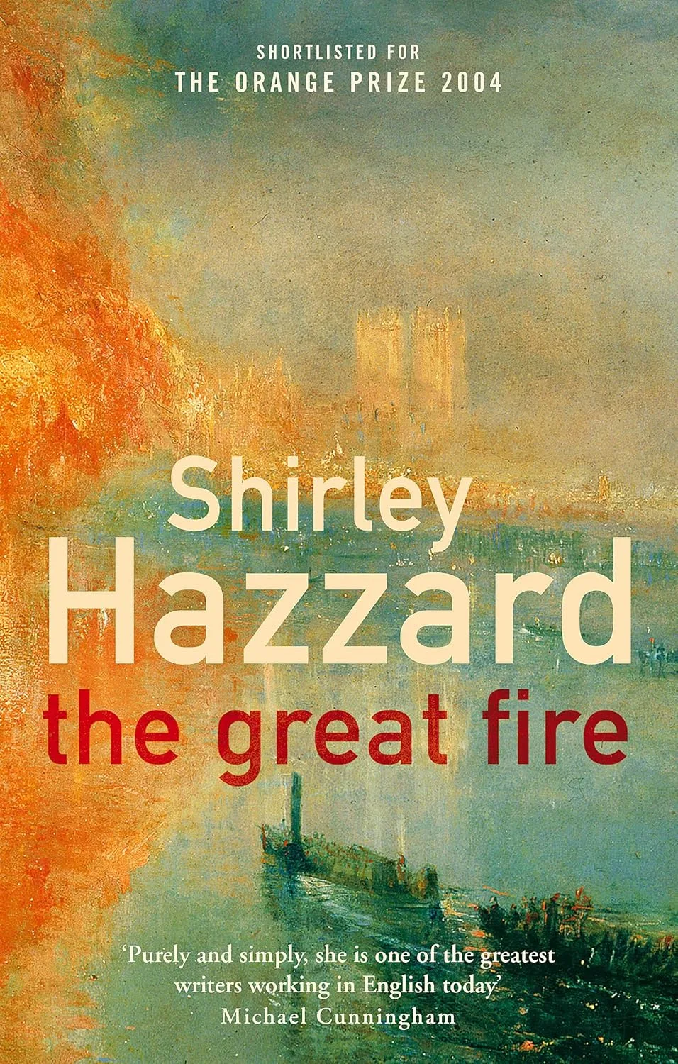 The Great Fire book cover. A painting of a fire encroaching on still water.