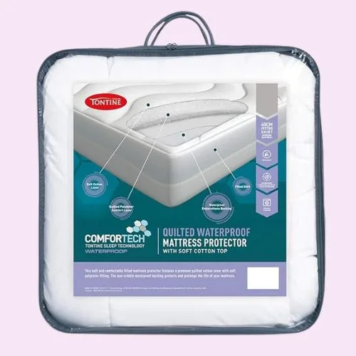 Tontine Comfortech Quilted Waterproof Mattress Protector, Queen – Soft Cotton Cover with Anti-Bacterial Treated Filling – Waterproof Backing and 50cm Fitted Skirt – Machine Washable