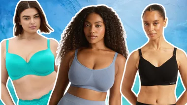Three different women wearing different styles of bras against a blue, watery background.