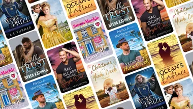 Eight different book covers laid out in a tessellating graphic.