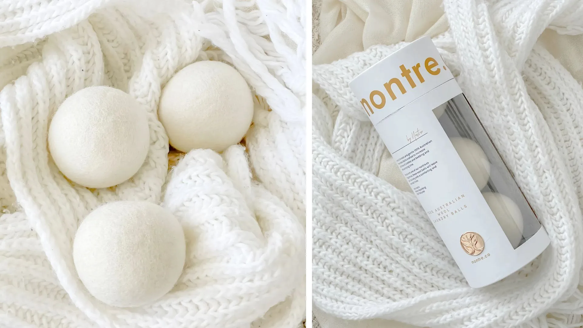 A split image shows on the left, three white wool dryer balls on a white knitted blanket, and on the right, a close-up of a Nontre.co package of 100% Australian wool dryer balls on the same knitted fabric.