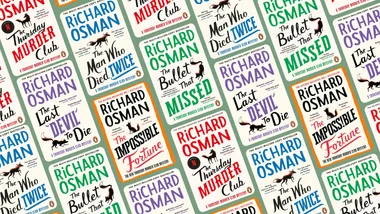 banner of Richard Osman book covers in a tesselated pattern