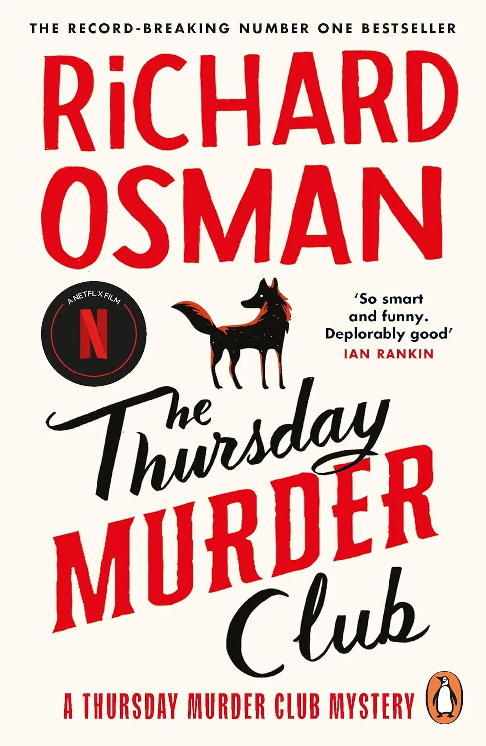Book cover of Richard Osman's The Thursday Murder Club. Large font on a cream background with a drawing of a dog.