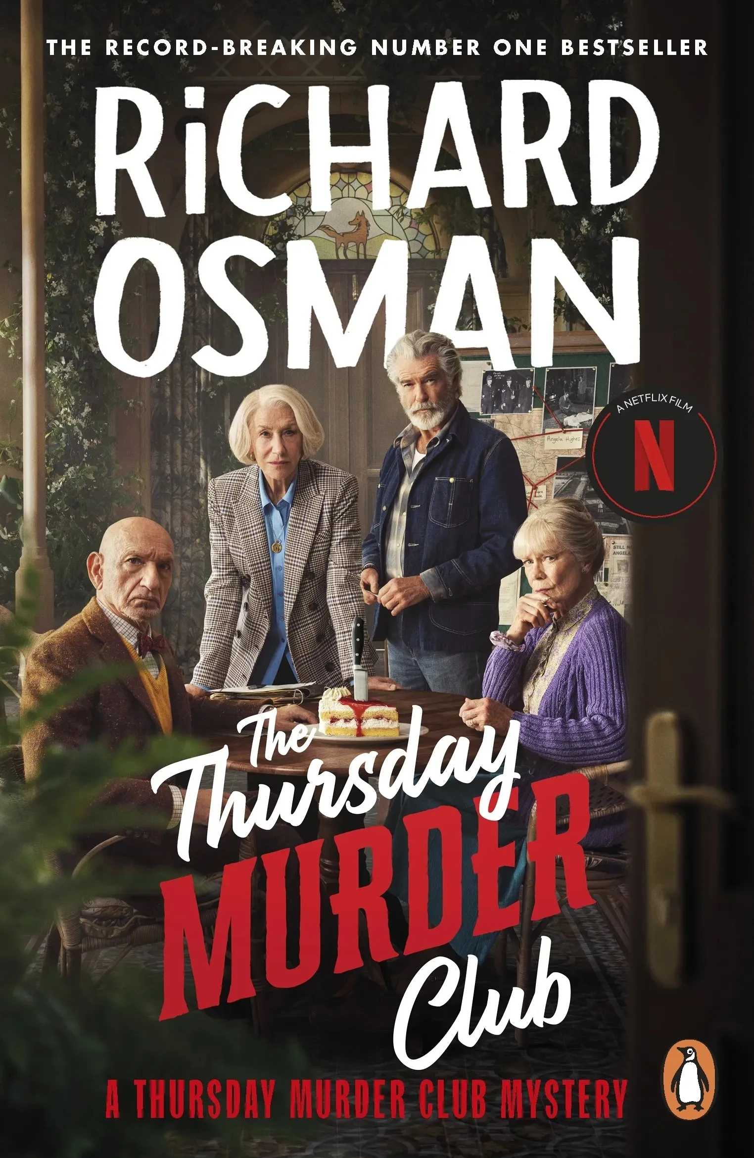 Book cover of Richard Osman's The Thursday Murder Club with a still from the Netflix movie.