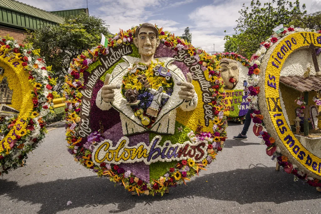 A floral display at Feria de las Flores flower festival in Colombia