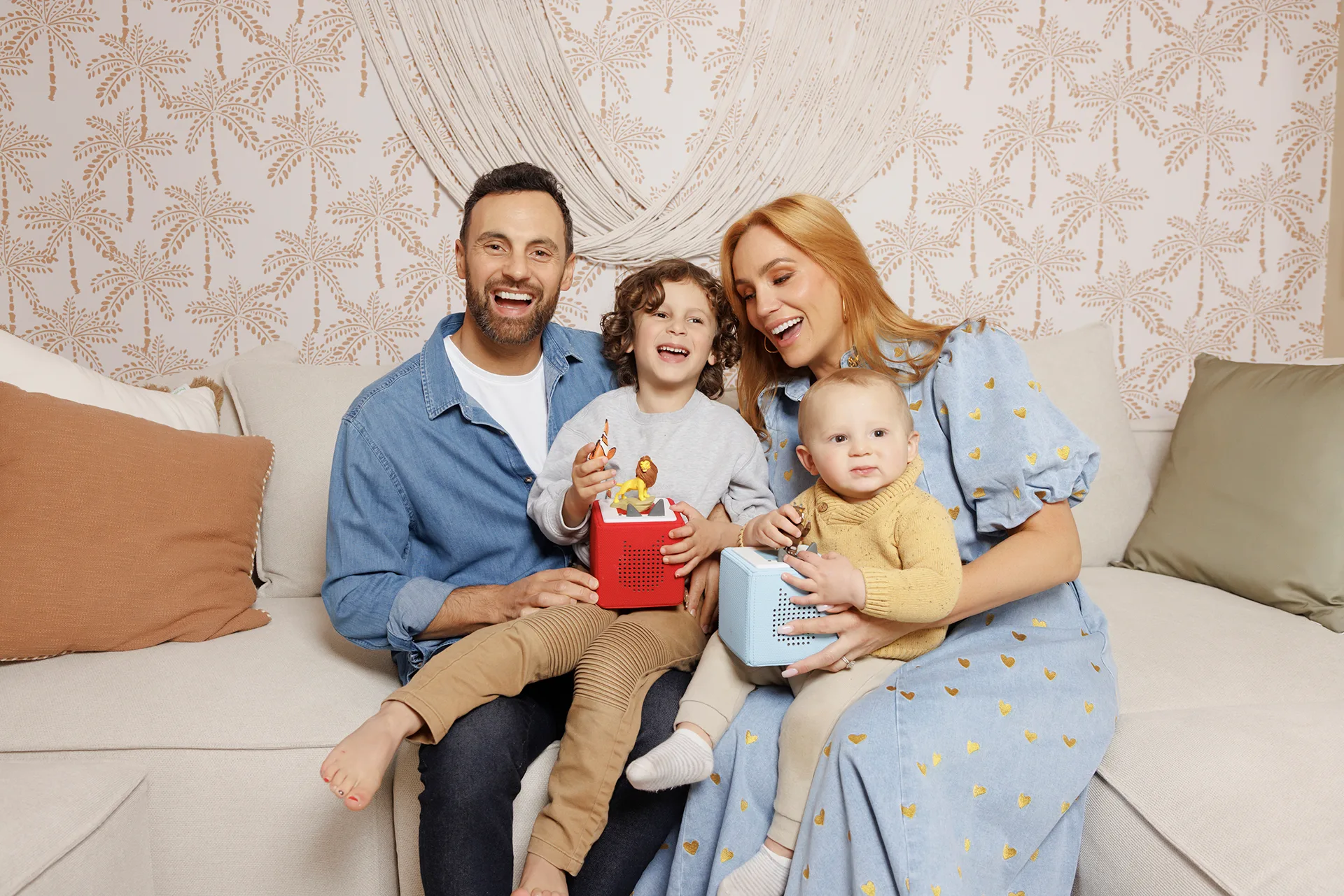 Jules Robinson pictured at home on Sydney's northern beaches with kids Ollie 4 and Carter 1 and husband Cam for the Tonies campaign photo shoot, Friday 1st August 2025. Photo by Toby Zerna/The Photo Pitch