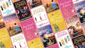 Graphic of colourful Rachael Johns book covers lined up diagonally.