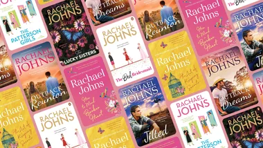 Graphic of colourful Rachael Johns book covers lined up diagonally.