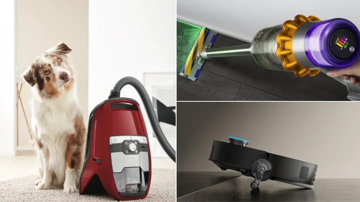The best vacuum cleaners in Australia, composite image (clockwise left to right): Miele Blizzard CX1, Dyson V15 Detect Absolute, Dreame X50 Ultra Robot Vacuum and Mop.