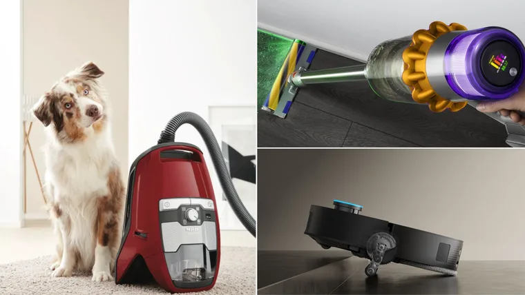 The best vacuum cleaners in Australia, composite image (clockwise left to right): Miele Blizzard CX1, Dyson V15 Detect Absolute, Dreame X50 Ultra Robot Vacuum and Mop.