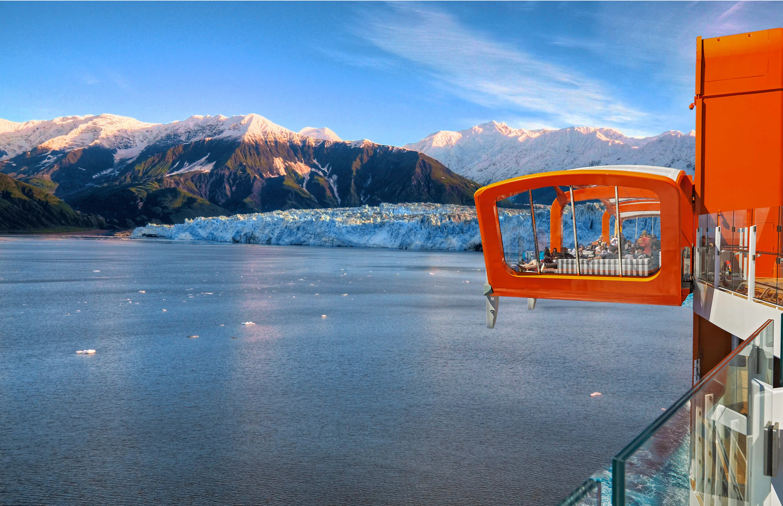 A cruise ship's cantilevered dining deck offers a bird's eye view of a glacier in Alaska.